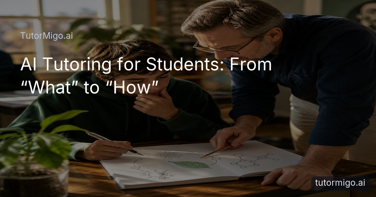A student explains how a science process works by connecting steps in handwritten notes while a teacher listens.