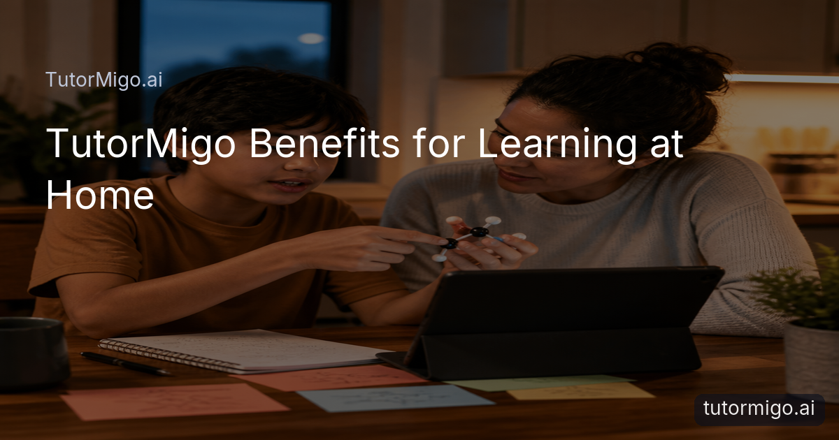 A parent and child work together at home with an AI tutoring session, flashcards, and a notebook on the table.