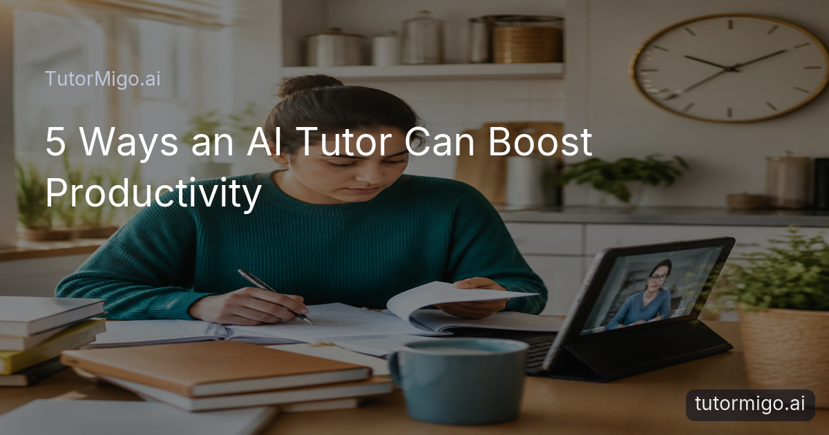 An adult learner organizes study materials at a bright table while using an AI tutoring session to manage time and focus.