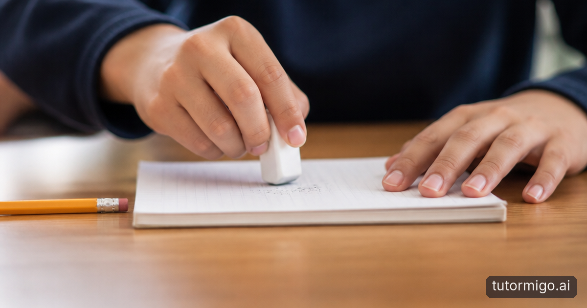 A teenager points to a practice question while a parent listens beside them, with a timer set aside on the kitchen table.
