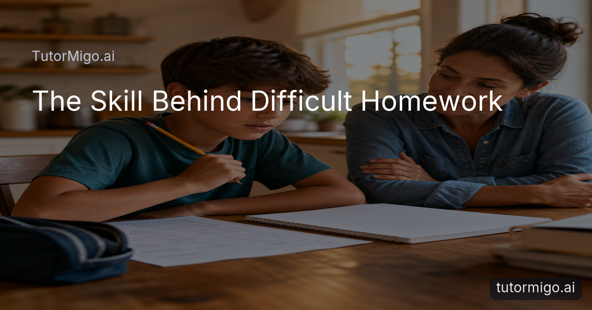 A student considers how to begin a difficult homework problem while a parent offers quiet support at a kitchen table.