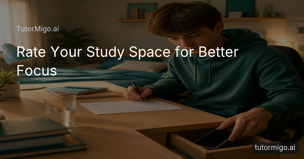 A student audits a tidy study space by putting a phone away and checking a paper checklist at a desk.