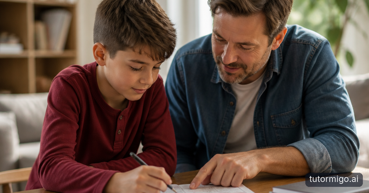 A parent listens as their child points to an assignment notebook during a relaxed schoolwork check-in at the kitchen table.