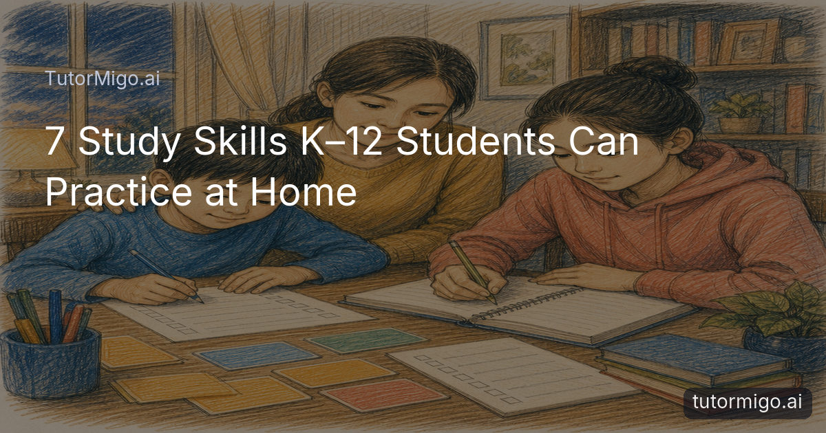 A parent supports two children practicing study skills with flashcards, checklists, and notebooks at a home table.