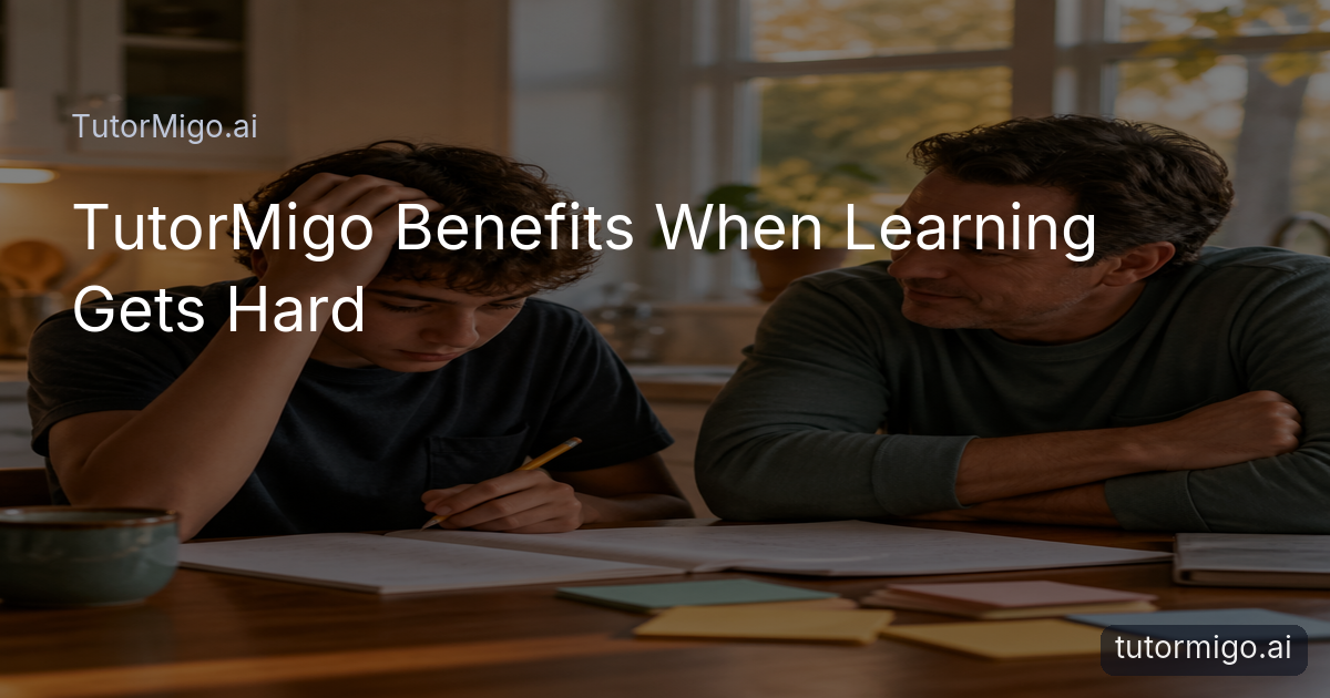 A student works through a difficult homework problem at a kitchen table while a family member offers encouragement and study support.