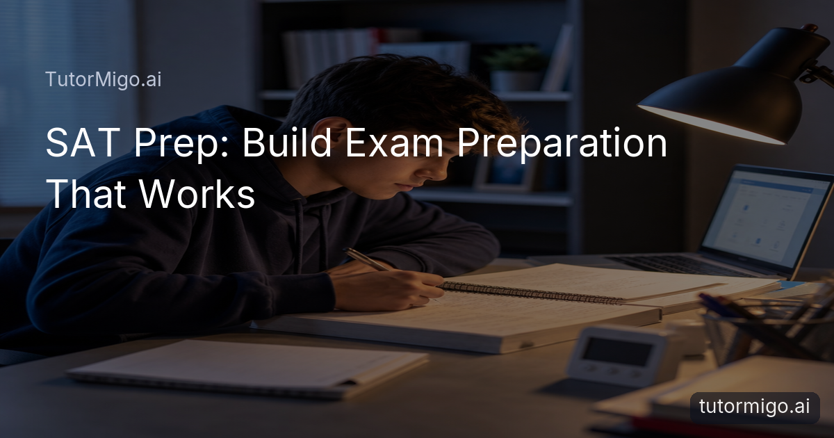 A high-school student reviews SAT practice questions and study notes at a desk during exam preparation.
