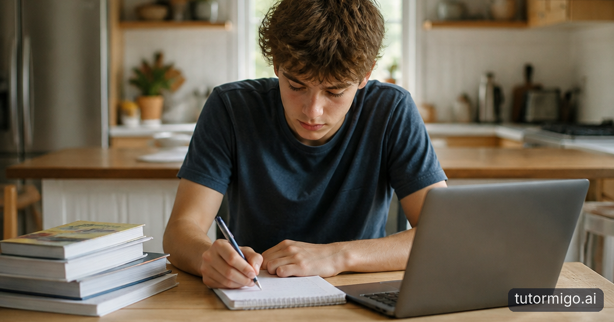 A parent and teenager review a home study routine while the student practices with flashcards at a kitchen table.