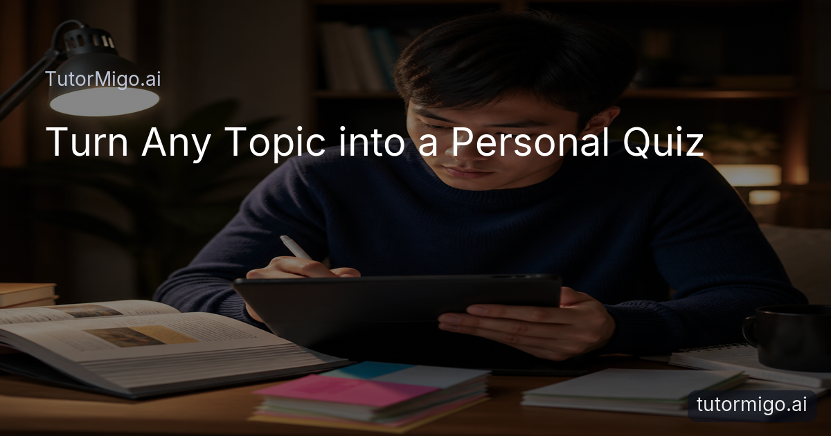 A student answers personalized study questions beside a textbook and flashcards at a warmly lit desk.