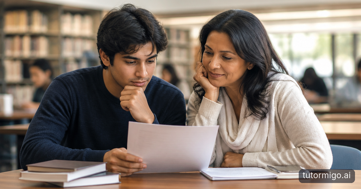 A student and parent organize study cards beside a budget notebook and a tablet at a sunlit kitchen table.