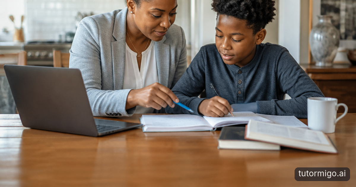 A parent and middle-school child work calmly together on a math problem at a warmly lit kitchen table.