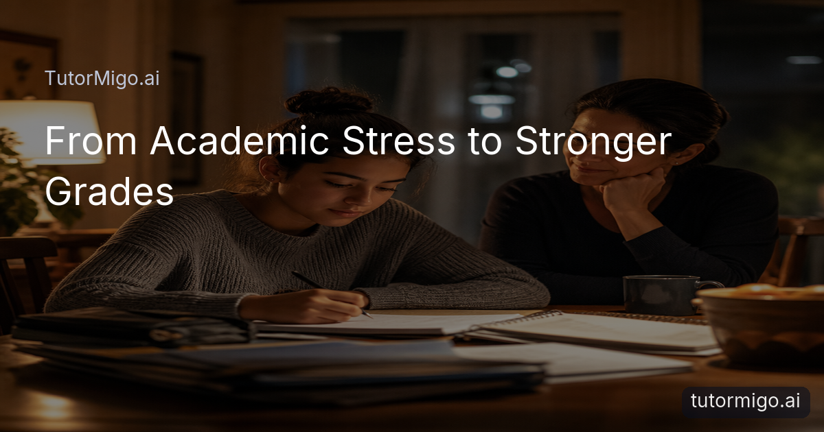 A high school student studies calmly at a dining-room table while a parent offers quiet support nearby.
