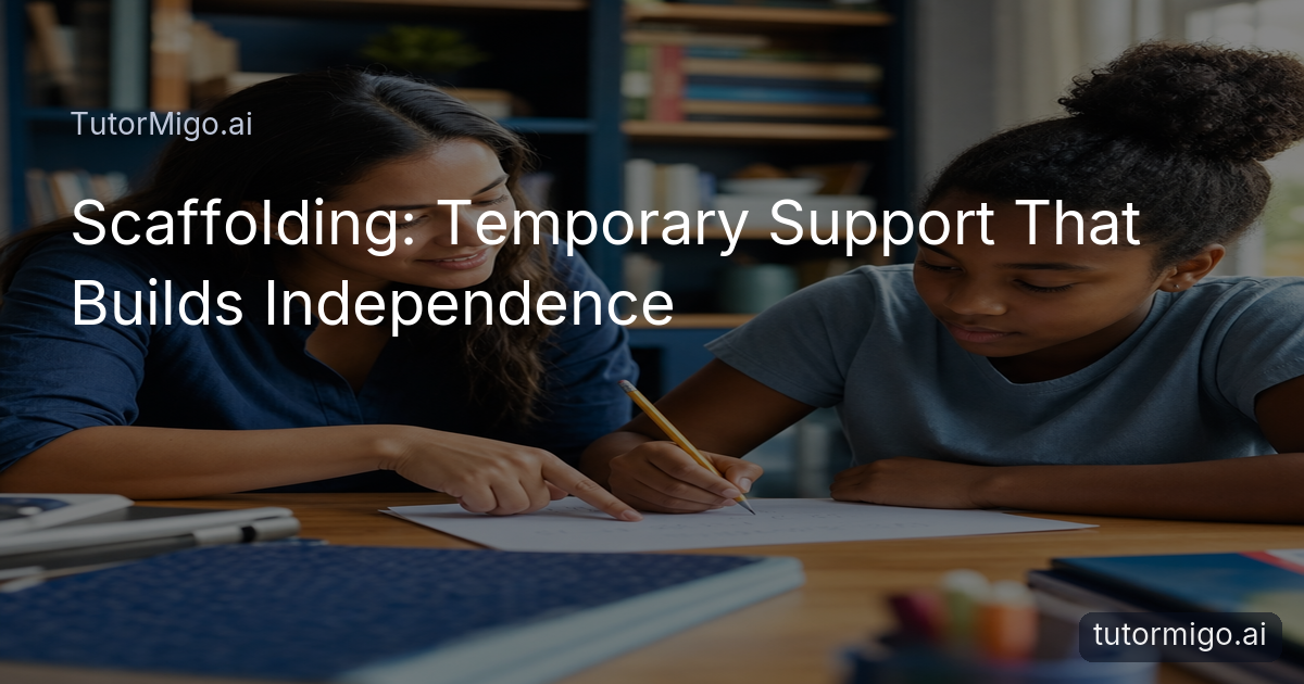 A tutor provides step-by-step guidance as a student works independently on a challenging problem in a bright classroom.