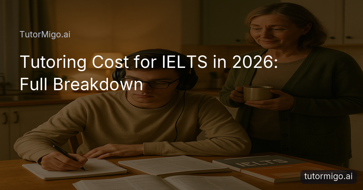 IELTS candidate practicing listening skills at home with parent support in a cozy kitchen setting.