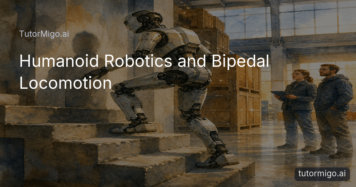 A humanoid robot navigates uneven warehouse stairs while two engineers observe its movement.