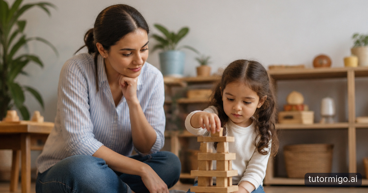 A parent watches with hands in their lap while their child rebuilds a wooden block tower on a living-room rug.