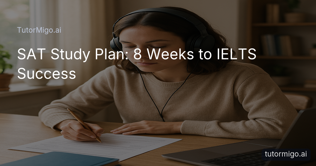 Student practicing IELTS listening and note-taking at a desk in a bright home setting.