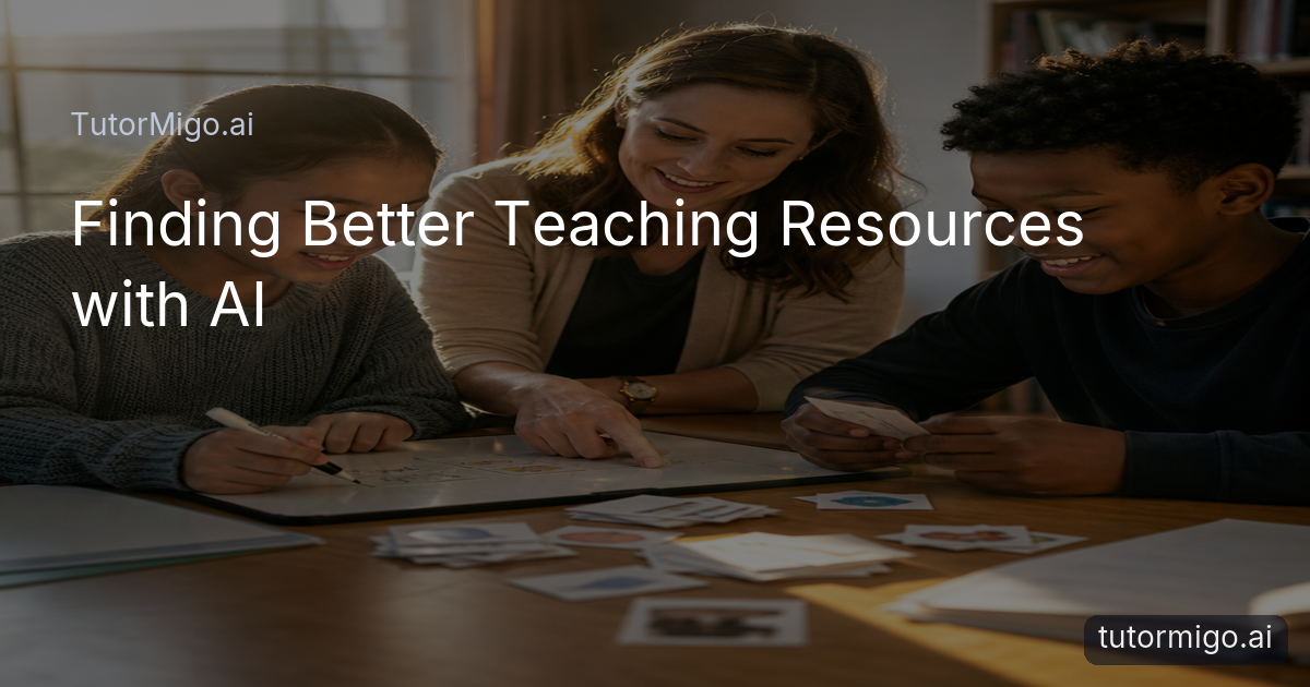 A teacher and two students organise learning materials while discussing a lesson beside a whiteboard and flashcards.