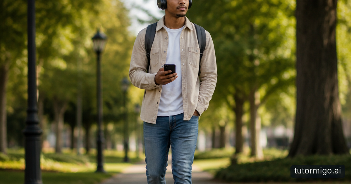 A student wearing headphones walks along a sunlit campus path carrying a biology textbook.