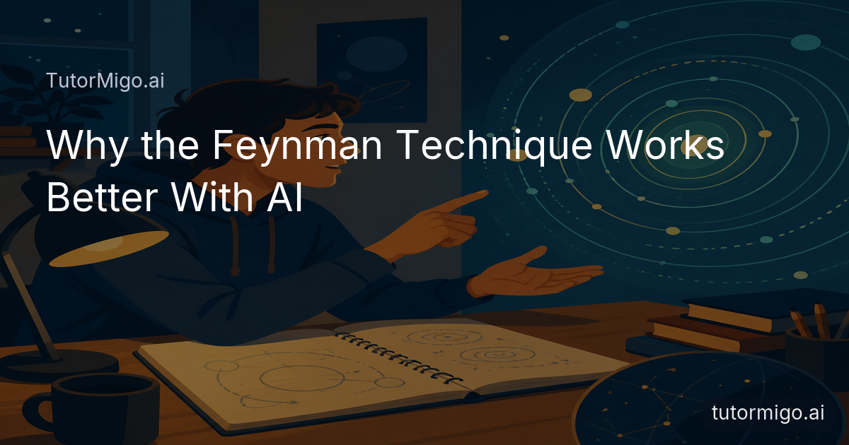 A student explains a difficult concept aloud in a softly lit study room while an abstract AI presence listens through glowing light patterns.