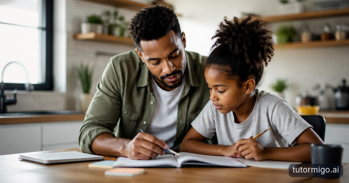 A parent listens as their child explains a picture flashcard during a calm study session at the kitchen table.