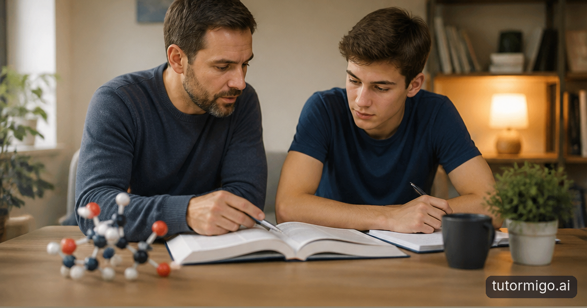A student and adult learner study together at a table while working through a difficult problem with notes and books nearby.