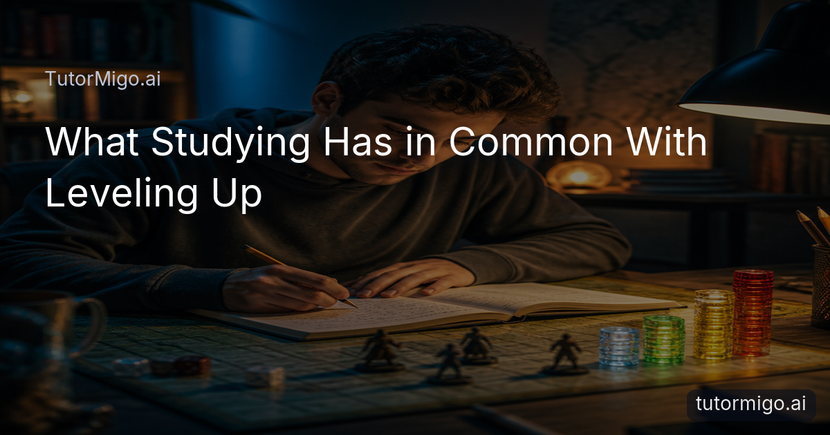 A student completes practice problems beside a tabletop game setup that symbolizes gradual learning progress.