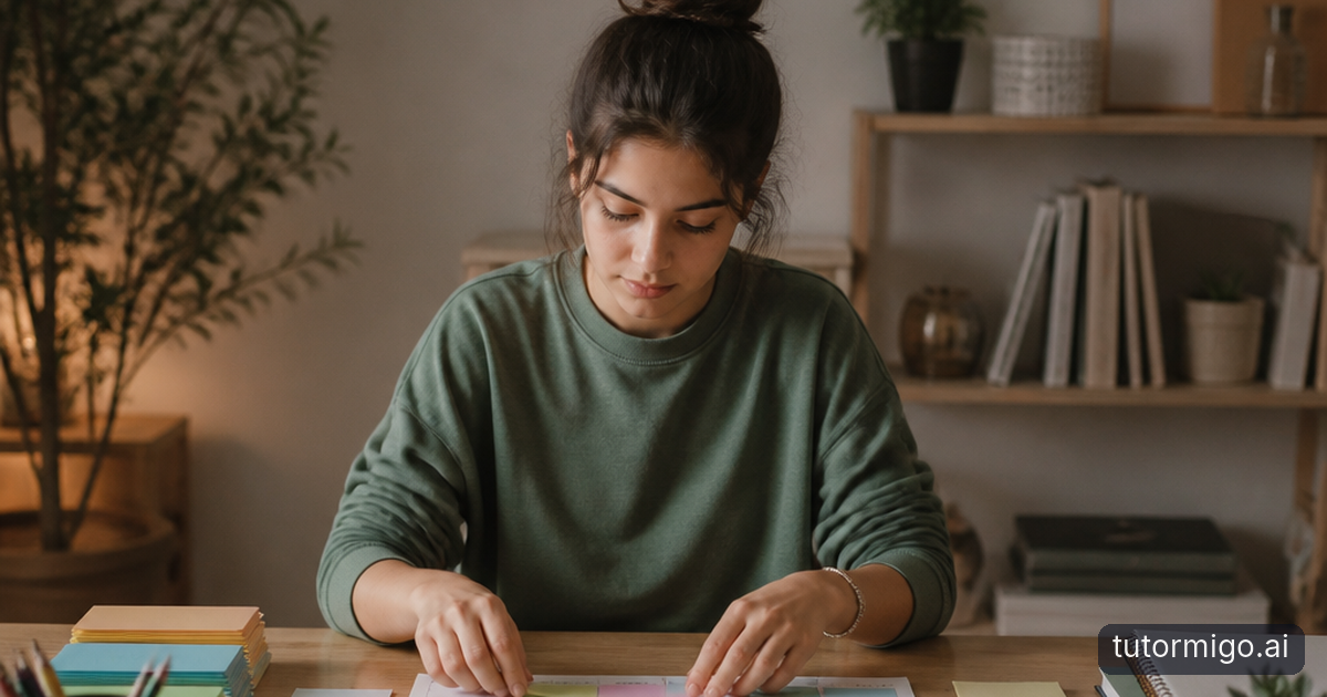 A student calmly organizes study materials at a table with a supportive companion nearby.