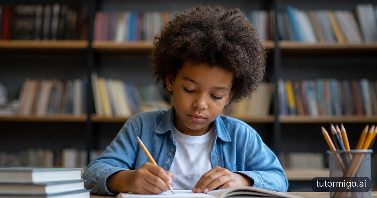 A parent listens as their child works in a notebook beside a small balance scale at a kitchen table.