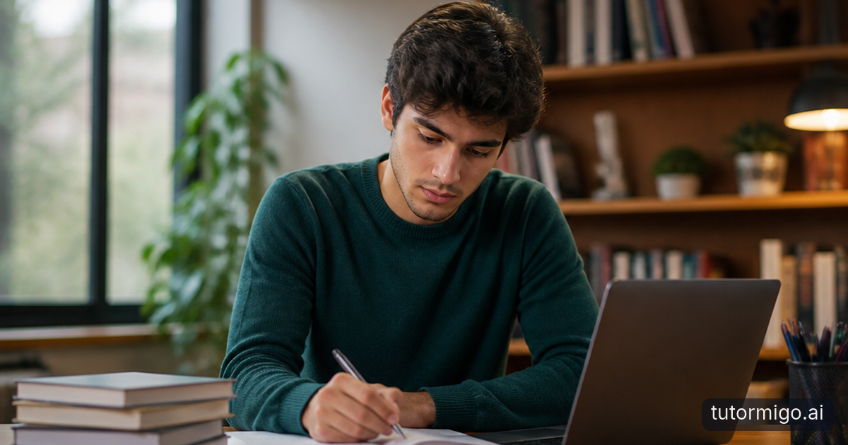 A student studies at a tidy desk with a notebook while keeping a phone out of reach.