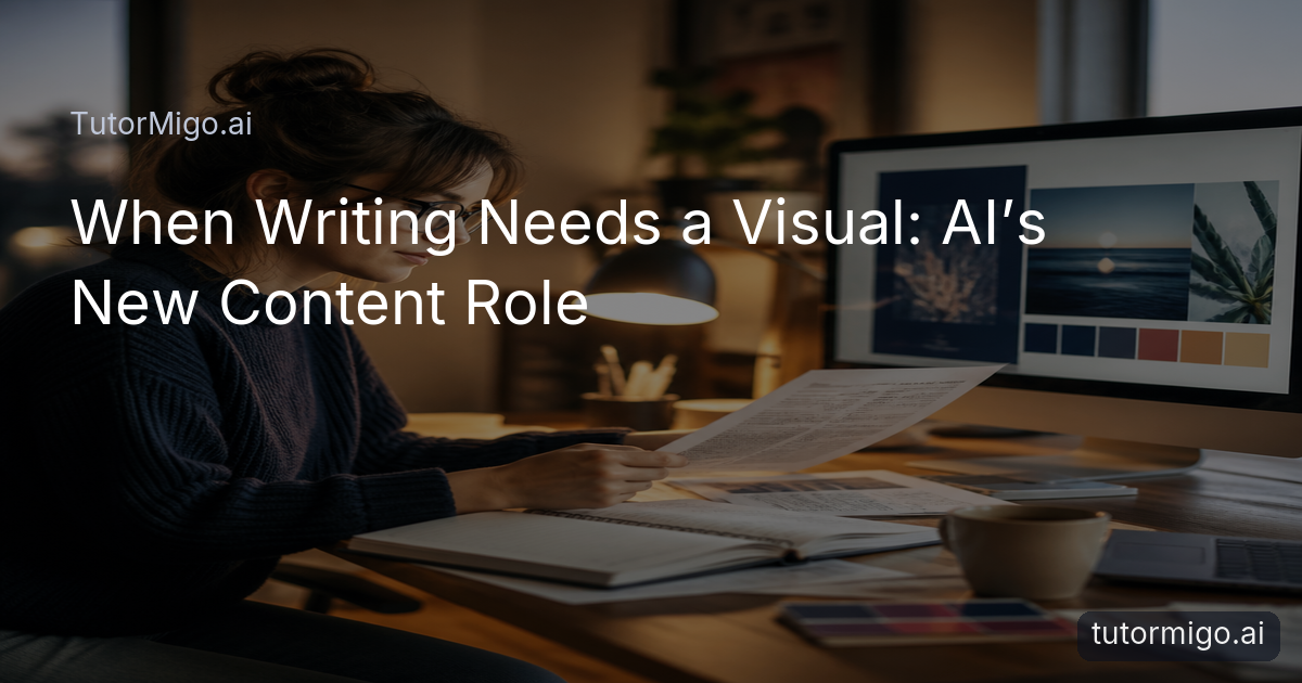 A writer reviews an article and its accompanying visual concept in a warmly lit creative studio.