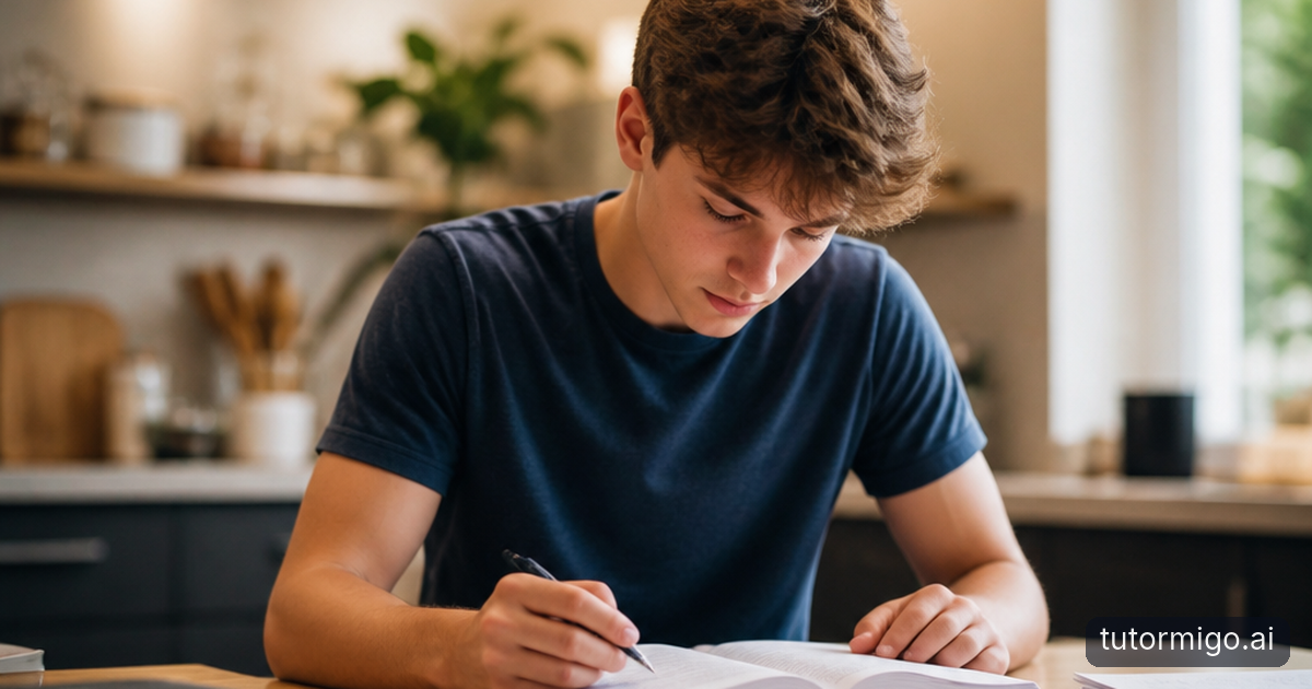A student reviews difficult lesson material with flashcards and notes while a supportive adult sits nearby.