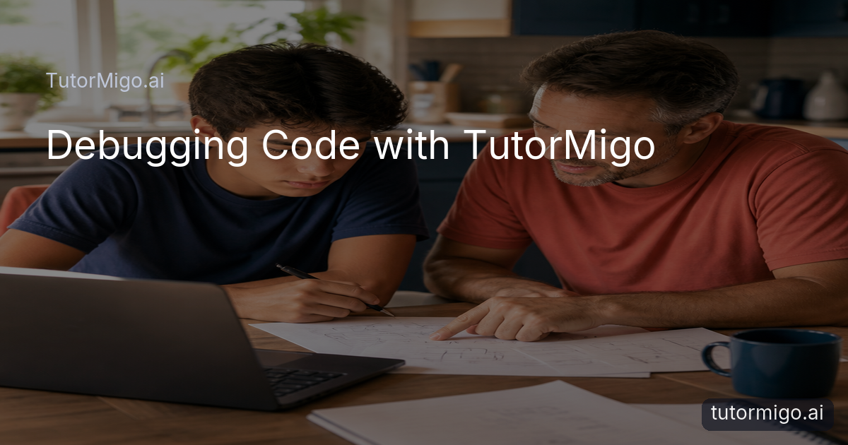 A beginner student and adult mentor work together to understand a coding error beside a laptop and handwritten diagrams.