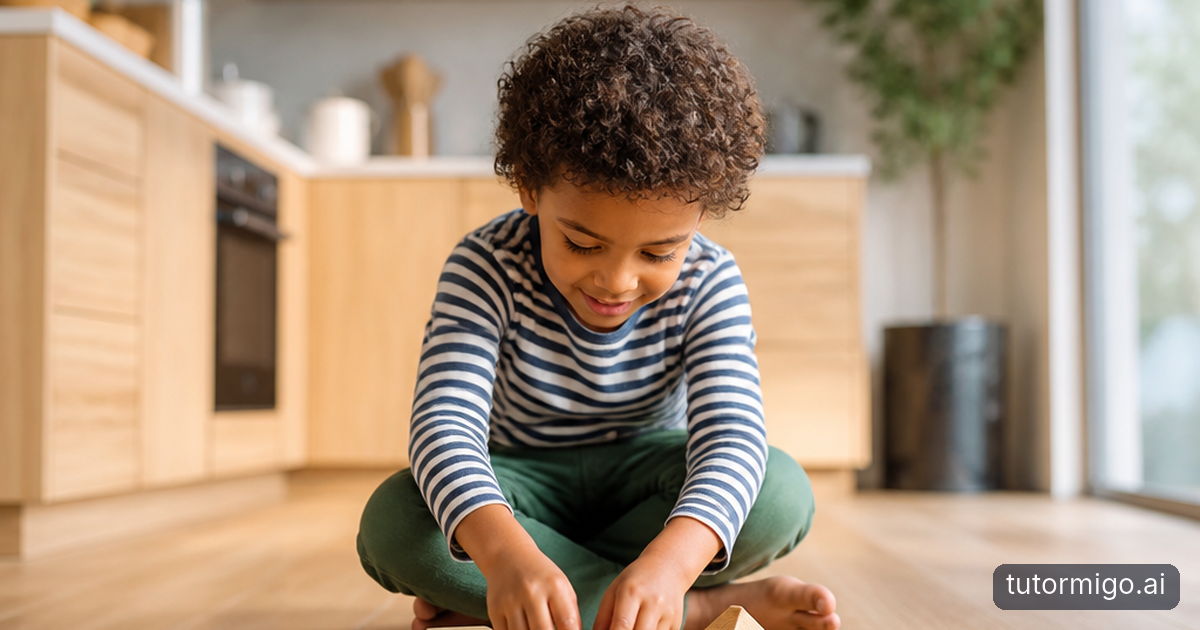 A parent listens calmly beside a child using wooden counting blocks during math homework at a kitchen table.
