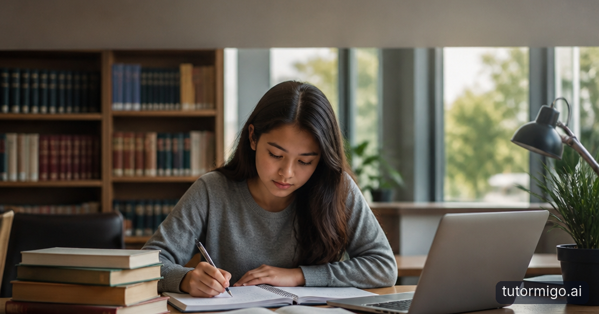 A student reviews flashcards at a sunlit desk with a notebook and timer while a phone sits on a distant shelf.