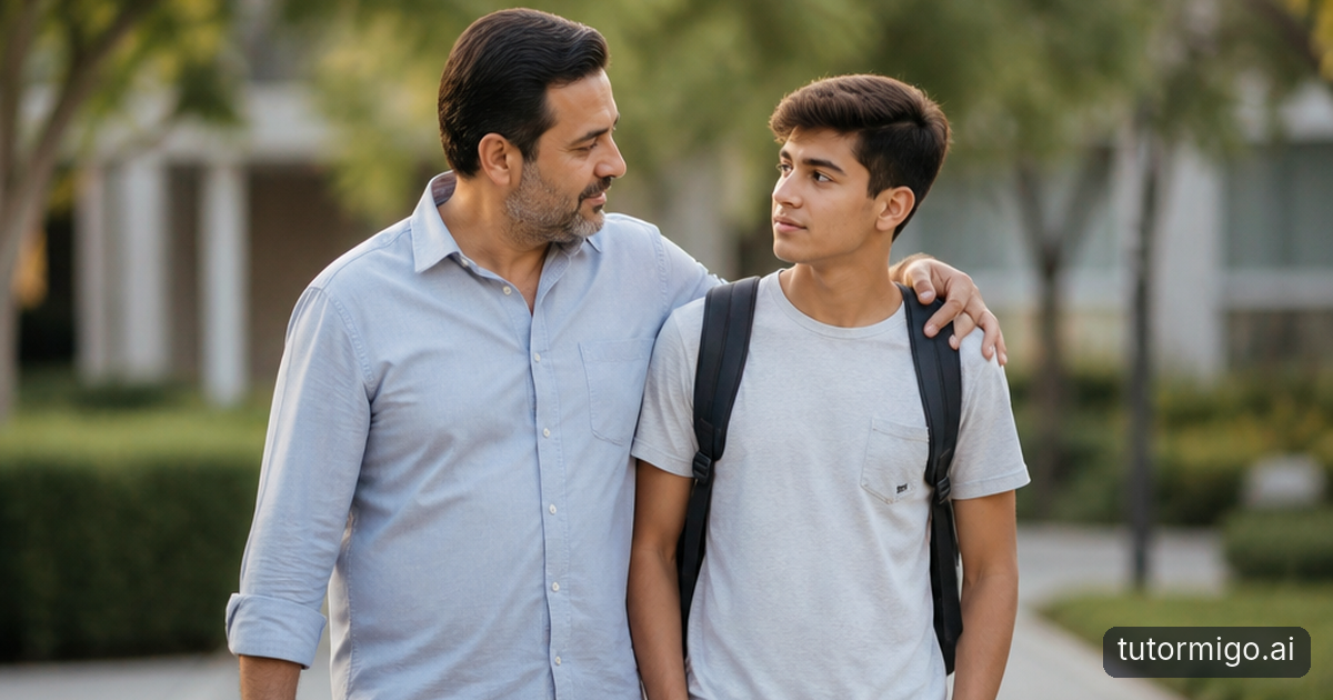 A parent listens supportively as a high-school student reviews an ACT practice result at a kitchen table.