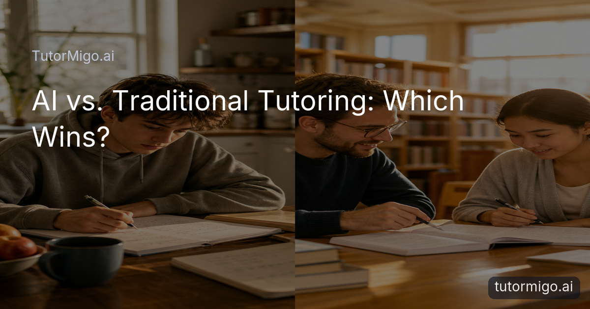 A split scene shows one student studying independently with AI support and another learning with a traditional tutor in a library.