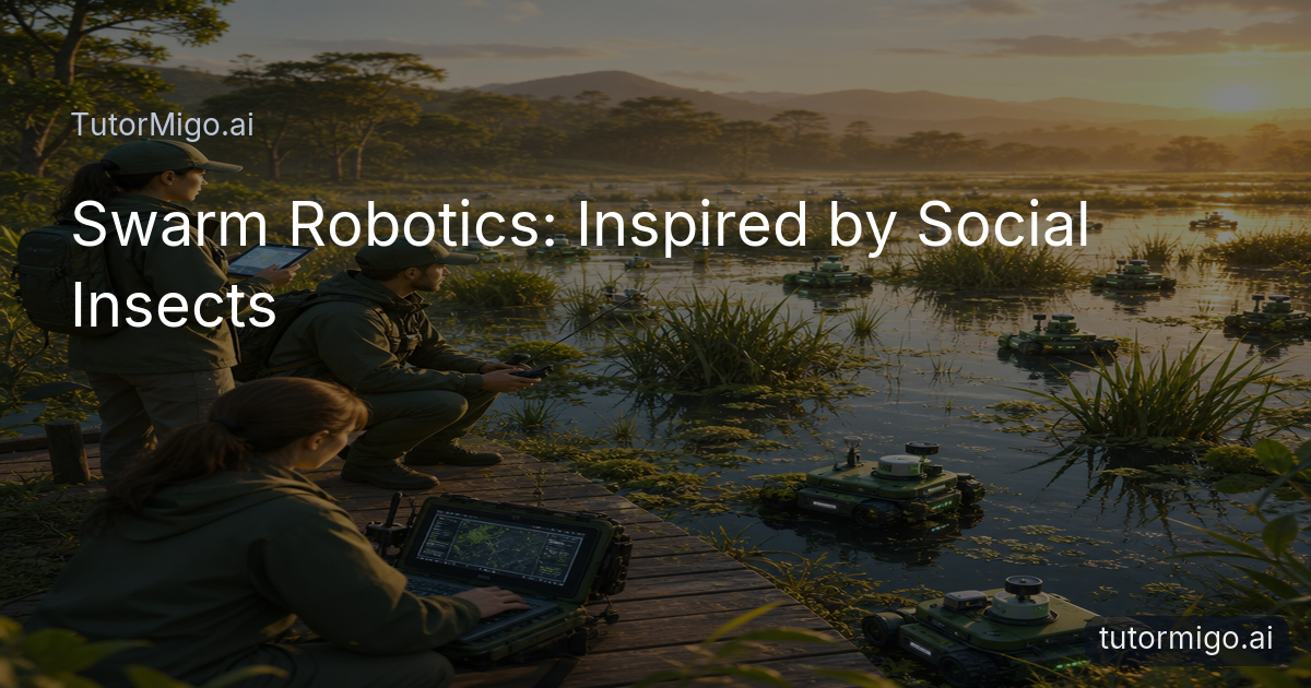 Engineers observe a group of small ground robots coordinating across a wetland during an environmental survey.