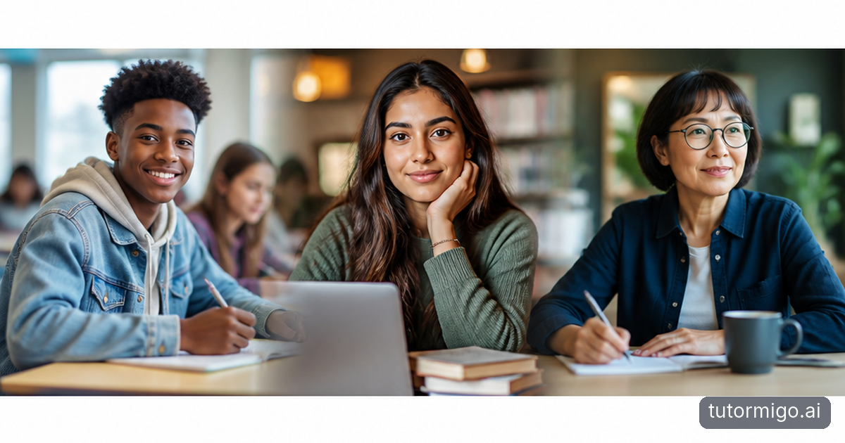 Three learners follow a structured evening study routine using notes, flashcards, and an interactive whiteboard at a shared table.