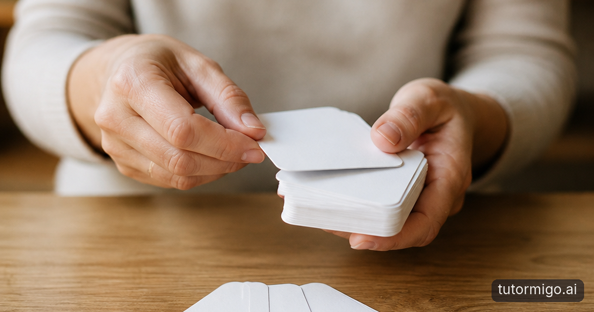 A parent and child review study cards and paper fraction circles together at a sunlit kitchen table.