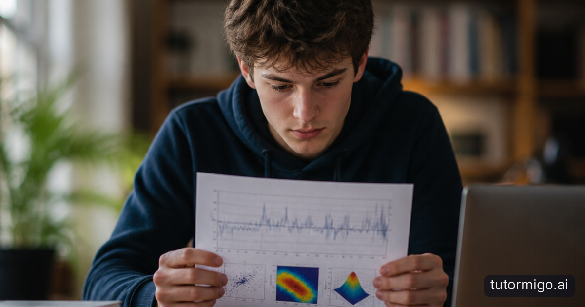A high school student compares a scientific graph with a data table while a college counselor observes and a timer sits nearby.