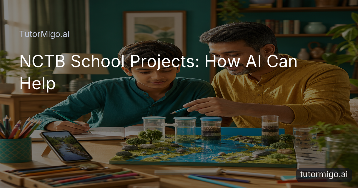A Bangladeshi parent and student collaborate on a hands-on school project at a dining table with notebooks and a science model.