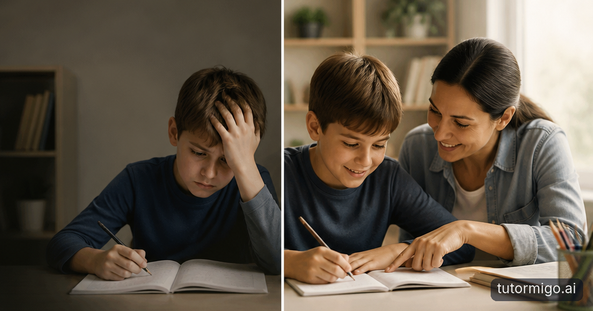 A student studies with an online tutor at home and an in-person tutor in a library in a split-scene illustration.