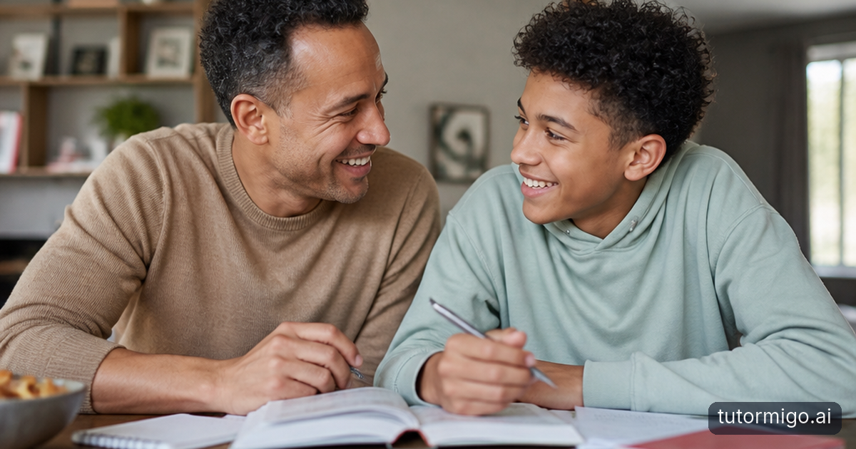 A parent listens as a student reviews a small stack of flashcards at a kitchen table in warm afternoon light.
