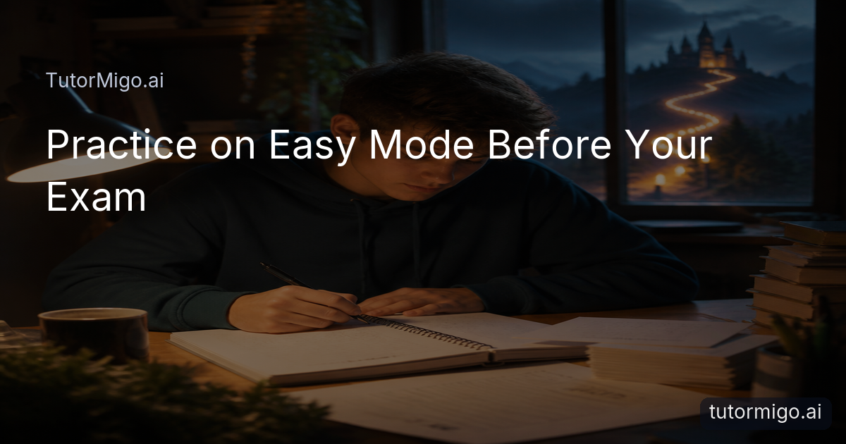 A student practices manageable exam questions at a desk while a distant game-inspired boss silhouette represents a future exam challenge.