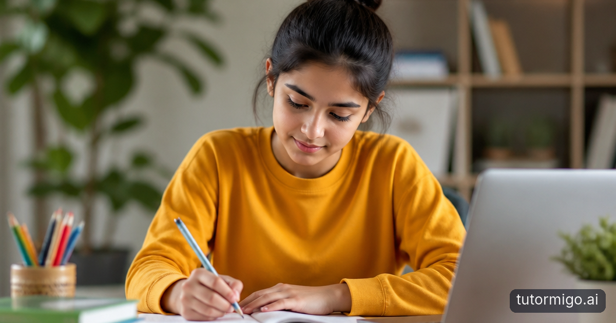 Two teenage students practise recall with flashcards, a branching diagram and a paper revision planner at a library table.