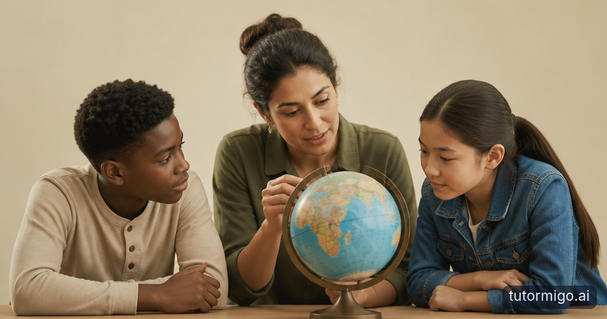A teacher and two students collaboratively review a personalized learning pathway in a warmly lit classroom.