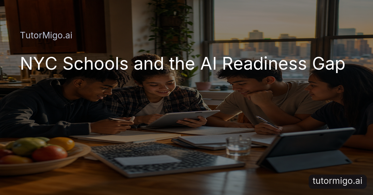 A diverse group of high school students in a Brooklyn apartment, sitting around a kitchen table with tablets and notebooks, engaged in a collaborative study session.