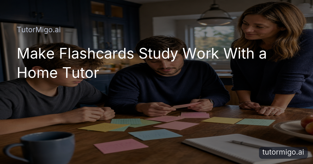 A student and home tutor organize study cards together at a kitchen table while a parent watches nearby.