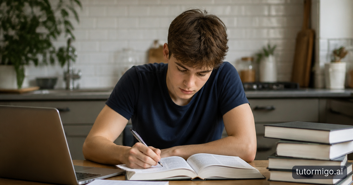 A focused student reviews notes and flashcards at a tidy table while a parent works nearby.