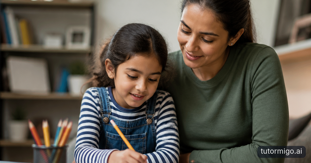 A parent and child review homework together at a kitchen table while using a tablet as a learning support tool.